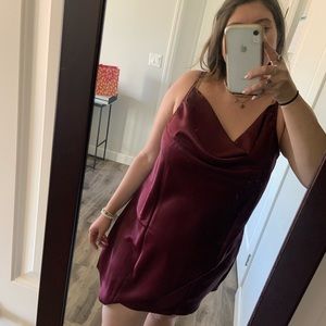 Cowl neck maroon satin slip dress